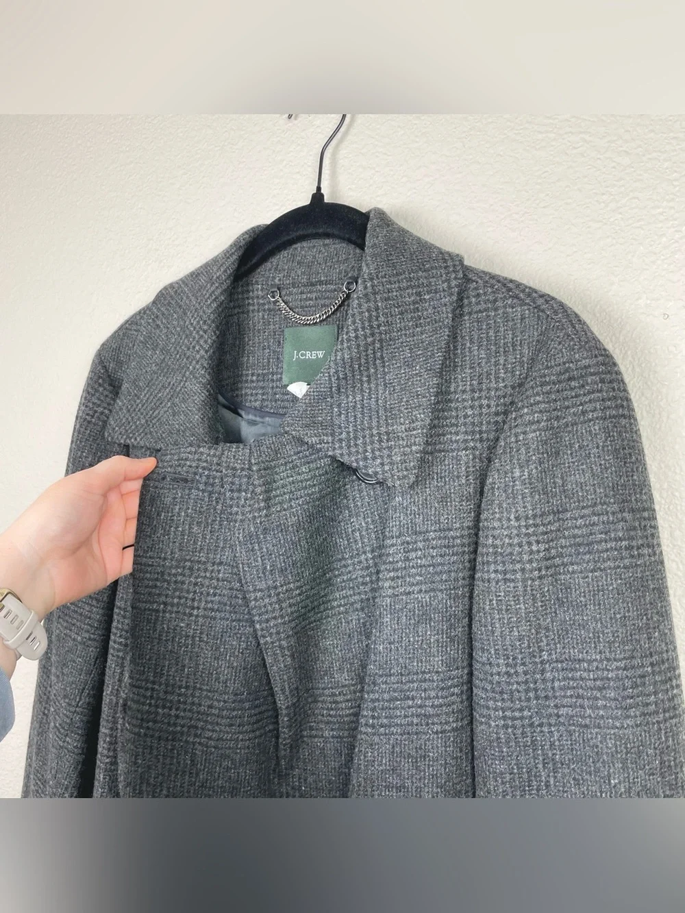 J.Crew Women's 10 Gray Plaid 100% Wool Blend Overcoat Highneck Posh Academia - Picture 12 of 16